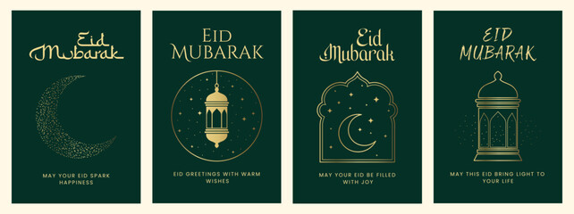 Fototapeta premium Luxury Emerald Green and Gold Eid Mubarak Greeting Cards Collection with Faux Foil Lanterns, Crescent Moon, and Islamic Arch Silhouette for Elegant Festive Celebrations
