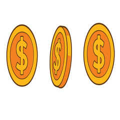 Cartoon Golden Coin Icon Set: Rotating Money Coins Flat Vector Design, Isolated on White  background