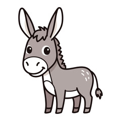 Cartoon gray donkey with white accents, big ears, tufted tail, cute farm animal vector design
