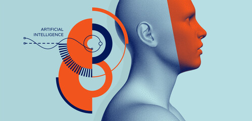 Futuristic artificial intelligence concept. Time to think. Man scientist thinking. Art composition. Stipple-style digital face with colour mask effect. Illusration for presentation, cover or brochure.