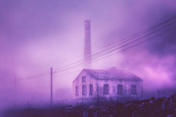 Old factory building covered in fog with a tall chimney during early morning hours