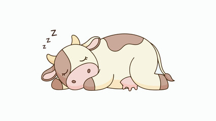 A cute cartoon illustration of a sleeping cow with closed eyes and Z's floating above its head.