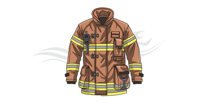 Professional brown fire resistant firefighter turnout gear jacket with reflective yellow stripes and utility pockets for safety equipment.