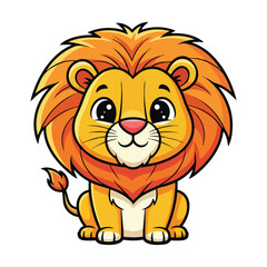 Cartoon lion with orange mane, yellow body, white belly, pink nose, cute jungle animal vector
