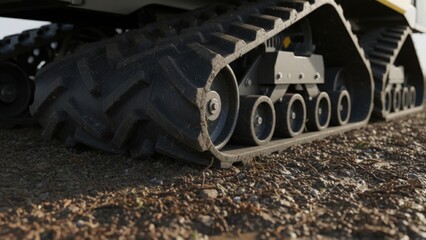 Close-up of heavy-duty machinery tracks showcasing robust design and engineering on rough terrain for industrial use
