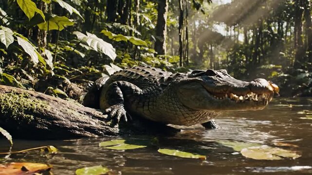 Alligator lunges from log into water, mouth agape, bathed in dappled jungle sun