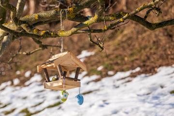 Wooden bird feeder hanging on a tree branch with decorative eggs, outdoors in melting snow. Seasonal scene showing bird feeding during the transition from winter to early spring.