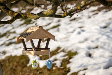 Wooden bird feeder hanging on a tree branch with decorative eggs. Outdoor garden scene with melting snow, showing bird feeding setup during late winter and early spring.