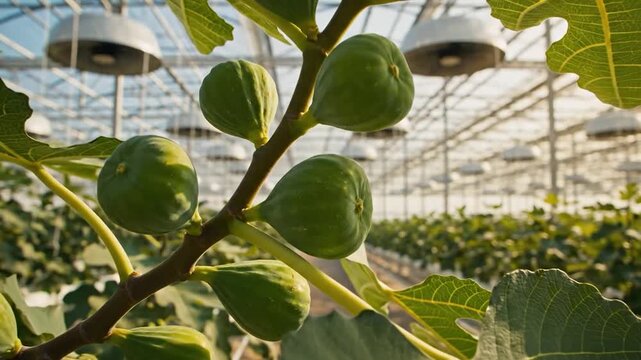 Green figs and leaves on a branch, growing in a sunny, expansive greenhouse facility