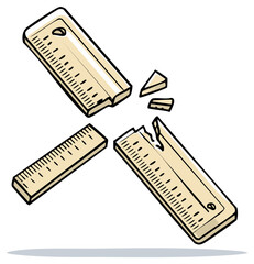 Broken ruler and scattered pieces illustrating measurement failure, error, or damage