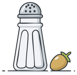 Cartoon illustration of a salt shaker next to a chili pepper, representing spices and seasoning for food.