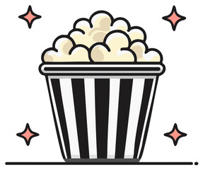 Illustrated popcorn bucket with fluffy popcorn and star sparkles