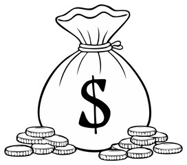 Money Bag Outline with Coins Pile Black and White Simple Illustration Concept