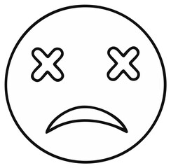 Sad face emoji with x eyes, simple black line illustration, feeling down