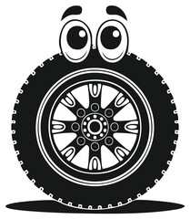 Whimsical Cartoon Car Wheel with Big Eyes and a Friendly Smile Illustration