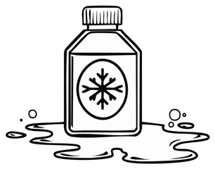 Bottle of liquid with a snowflake symbol and spilled puddle, vector illustration.