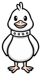 Cartoon illustration of a cute white bird with collar, standing upright and looking forward.