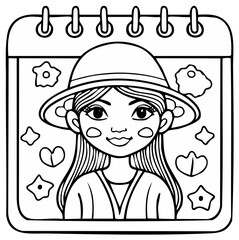 Outline of a girl wearing a hat and surrounded by flowers in a calendar format.