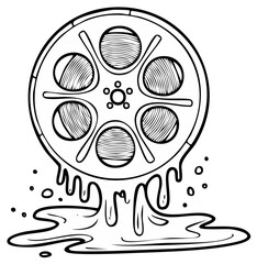 Retro film reel melting with cinematic essence in linear doodle style