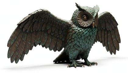 Fototapeta premium Copper owl sculpture with oxidized patina and aged texture, ideal for fantasy decor and symbolic art