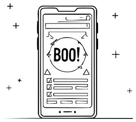 Doodle-style smartphone displaying "BOO!" in a circular graphic