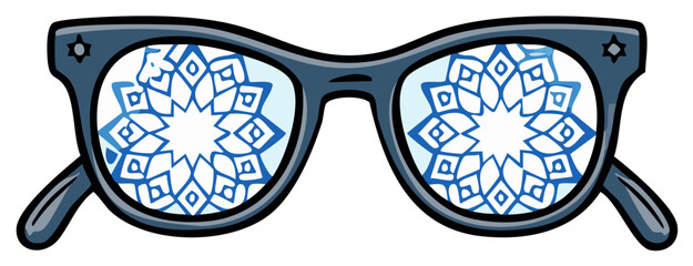 Illustration of sunglasses with intricate blue and white mandala style patterns reflected in the lenses.