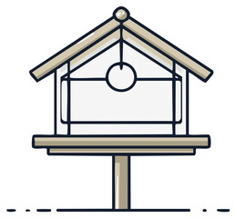 Simple Line Drawing of a Wooden Birdhouse with a Gable Roof and Open Perch
