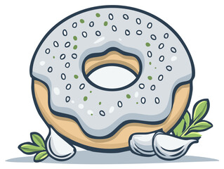 Cartoon donut with savory topping, garlic cloves, and greenery, illustrated design