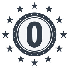 Dark blue circle with white number zero and surrounding stars creating a badge or award graphic