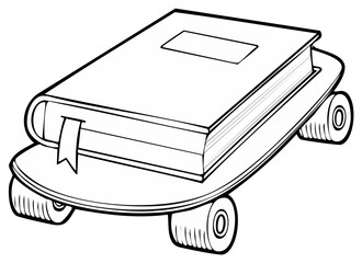 Book on skateboard concept of education and learning in black and white