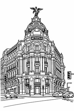 Metropolis Building Madrid Vector Illustration. Full View Architectural Line Art Drawing of Gran Via Landmark