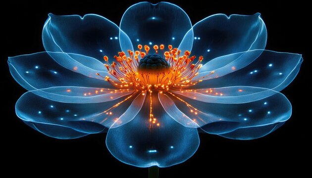 Glowing blue flower with detailed orange stamen on a stark black background. Use it for art, spirituality, new age, and otherworldly themes.