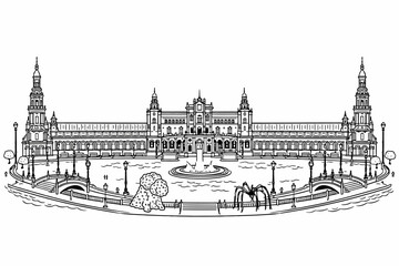 Plaza de Espana Seville Vector Illustration. Panoramic Architectural Line Art Drawing of Spanish Square and Canal with Thick Black Outlines © imam