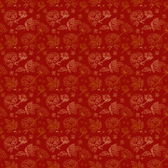 Elegant Seamless Floral Pattern with Gold Peonies on Rich Red Background for Luxury Design and Decoration