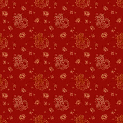 Traditional Asian Red Dragon Pattern with Intricate Gold Details on a Rich Red Background for Textiles and Design