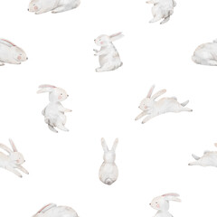 Seamless pattern Easter bunnies rabbits watercolor