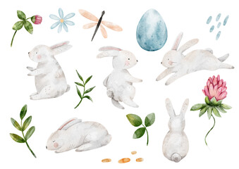 clipart Easter bunnies and flowers rabbits watercolor