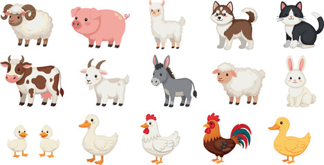 Obraz premium Cute farm animals vector illustration set with cow pig sheep goat donkey horse chicken duck and rabbit