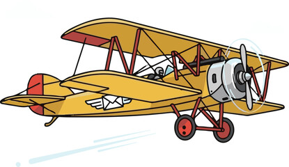 Vintage Yellow Biplane Flying Through the Sky with Propeller Spinning