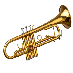 Obraz premium Shiny brass trumpet musical instrument with gold valves and a mouthpiece isolated on a black and white background for jazz band or orchestra