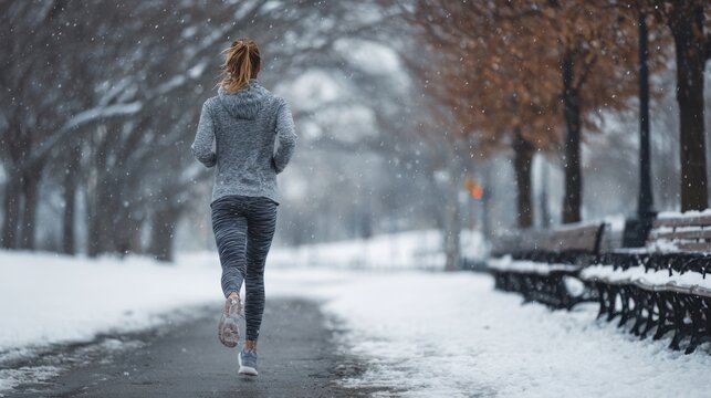 Woman jogging on snowy path in winter park wearing sportswear while snow falls around in cold weather