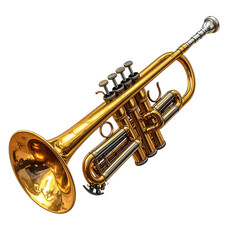 Naklejka premium Shiny brass trumpet musical instrument with gold valves and a mouthpiece isolated on a black and white background for jazz band or orchestra