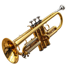 Obraz premium Shiny brass trumpet musical instrument with gold valves and a mouthpiece isolated on a black and white background for jazz band or orchestra