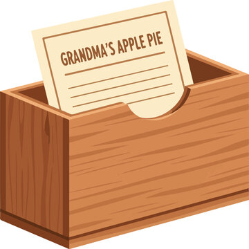 Illustration of a wooden box with a card labeled Grandma's Apple Pie