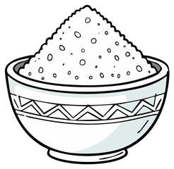 Hand-drawn illustration of a white bowl overflowing with granular white powder, food ingredient.