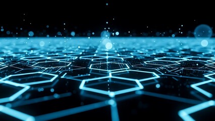 Futuristic blue hexagonal grid background with glowing lines and particles