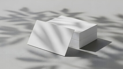 Square business card mockup stack resting on textured surface with dramatic shadow overlay