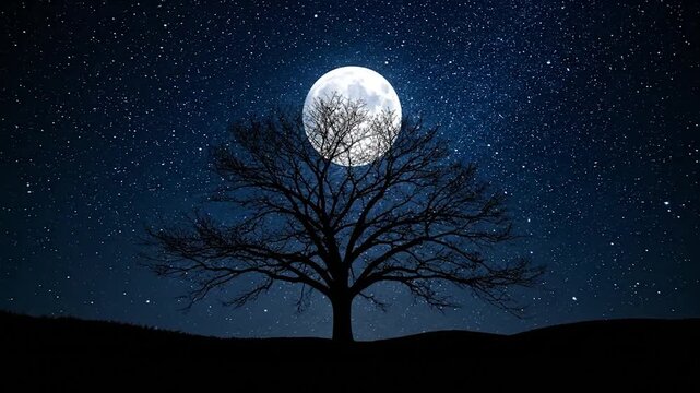 Silhouetted tree under full moon and starry sky