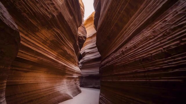 Narrow sandstone canyon passage with layered rock walls and soft natural light