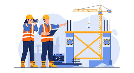 Construction workers inspecting building progress with camera and clipboard.